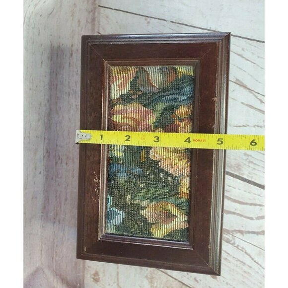 Vintage Brocade Fabric Velvet Lining Mirror 2 Tier Wooden Ring & Jewelry Box - Picture 8 of 12